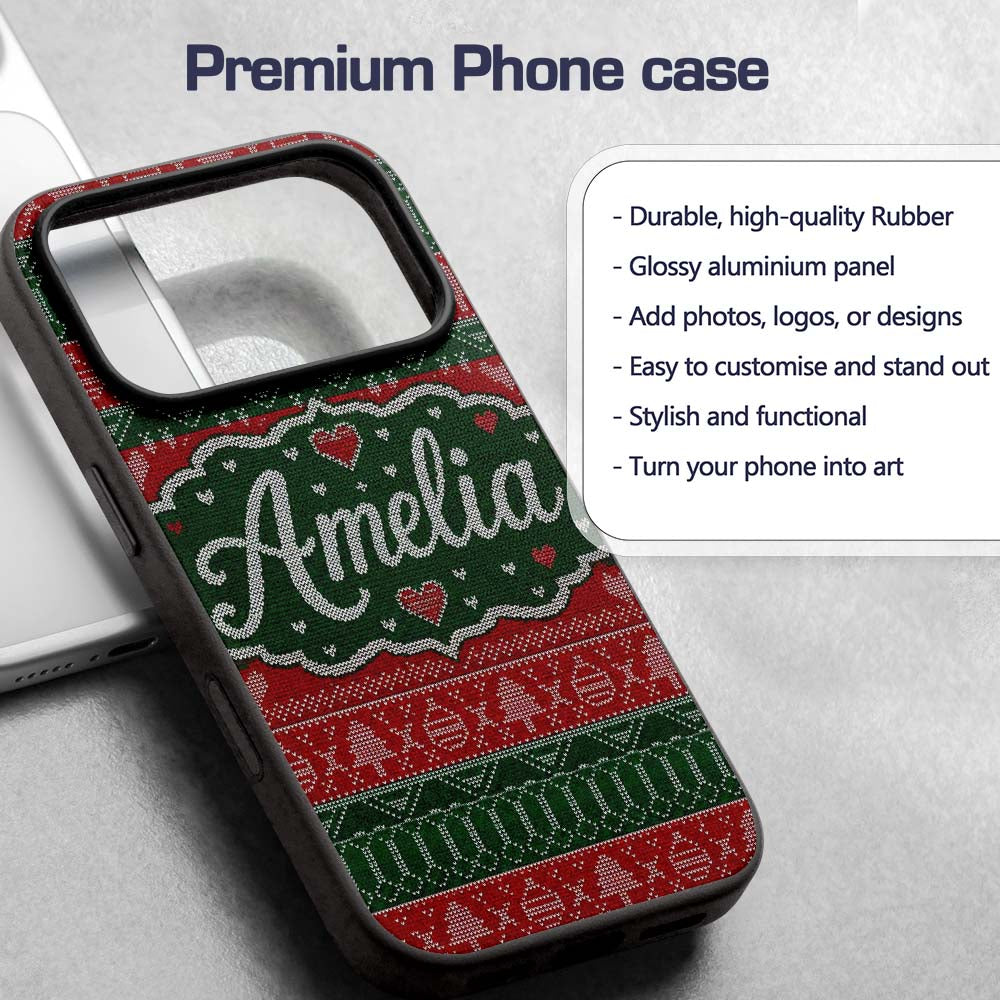 Classic Nordic Christmas Ornament Heart Stripe Custom Name Protective Phone Case Mobile Cover Durable Everyday Smartphone Shock Resistant
