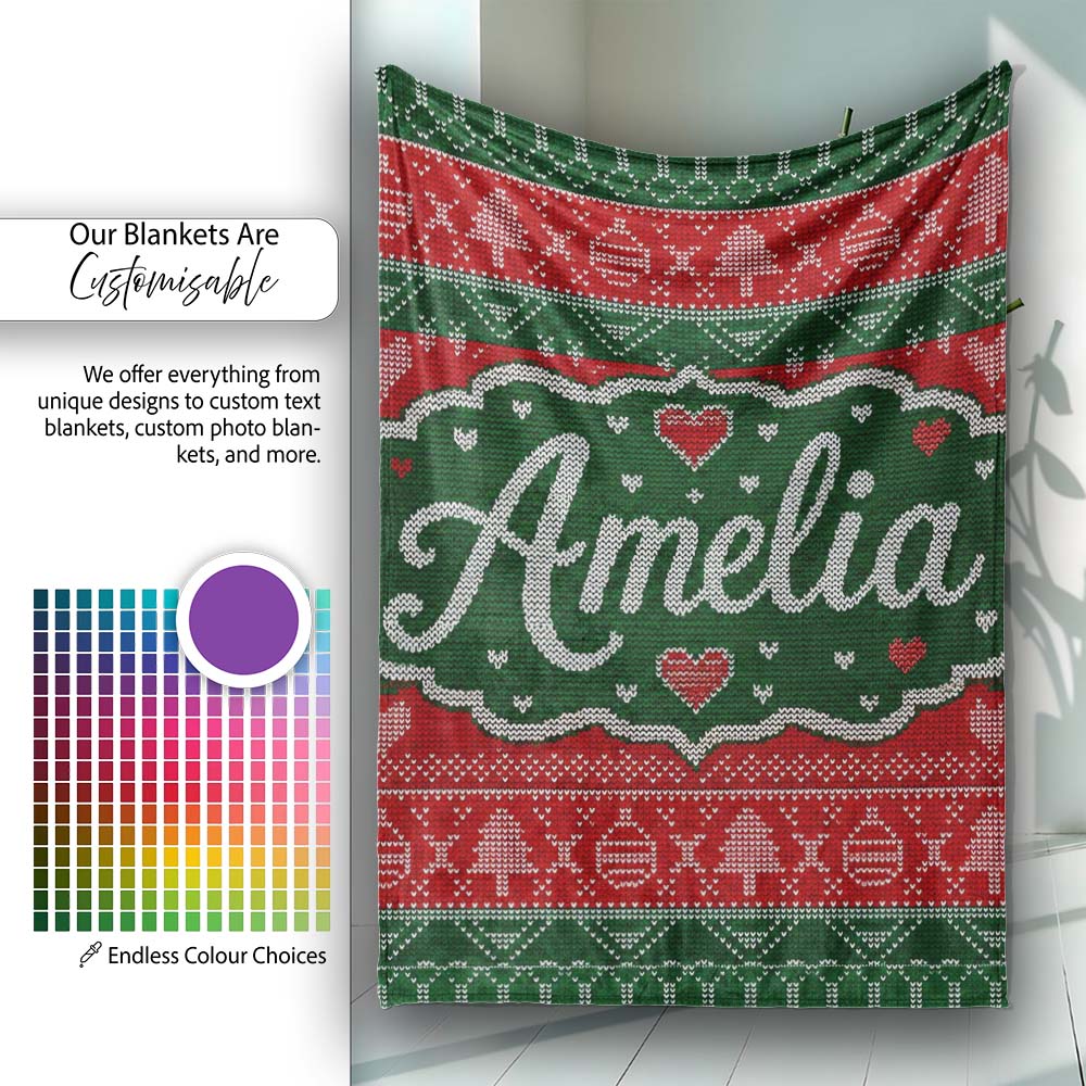 Classic Nordic Christmas Ornament Heart Stripe Knit Seamless Pattern  Personalised Custom Name Super Soft Fleece Blanket Bed Sofa Throw