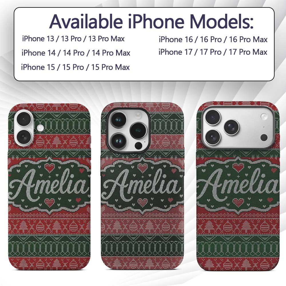 Classic Nordic Christmas Ornament Heart Stripe Custom Name Protective Phone Case Mobile Cover Durable Everyday Smartphone Shock Resistant