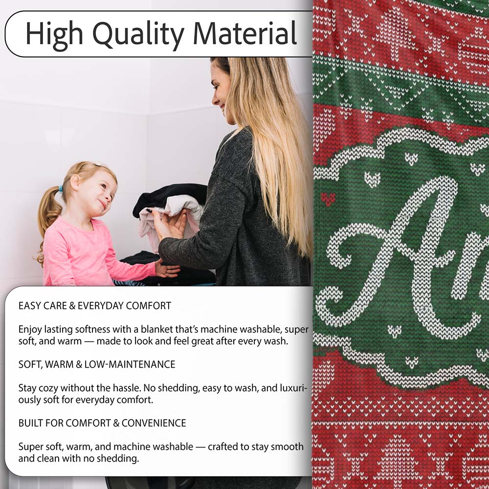 Classic Nordic Christmas Ornament Heart Stripe Knit Seamless Pattern  Personalised Custom Name Super Soft Fleece Blanket Bed Sofa Throw