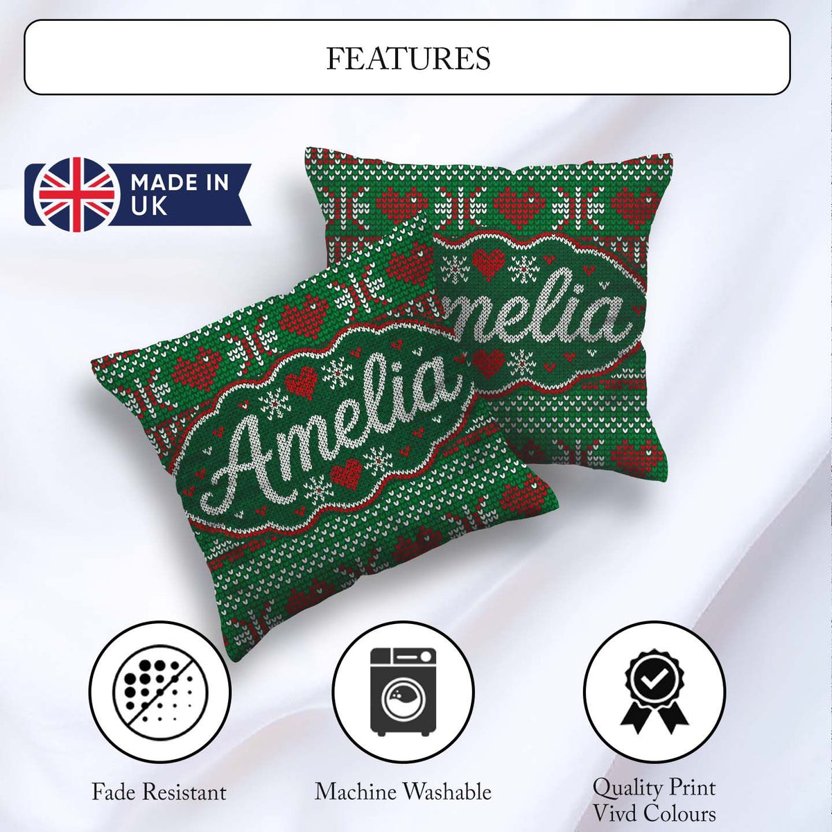 Custom Name Christmas Heart Stripe Knit Seamless Pattern Lovely Square Filled Cushion Throw Pillow Sofa Bed Home Decor Zip Washable UK Made