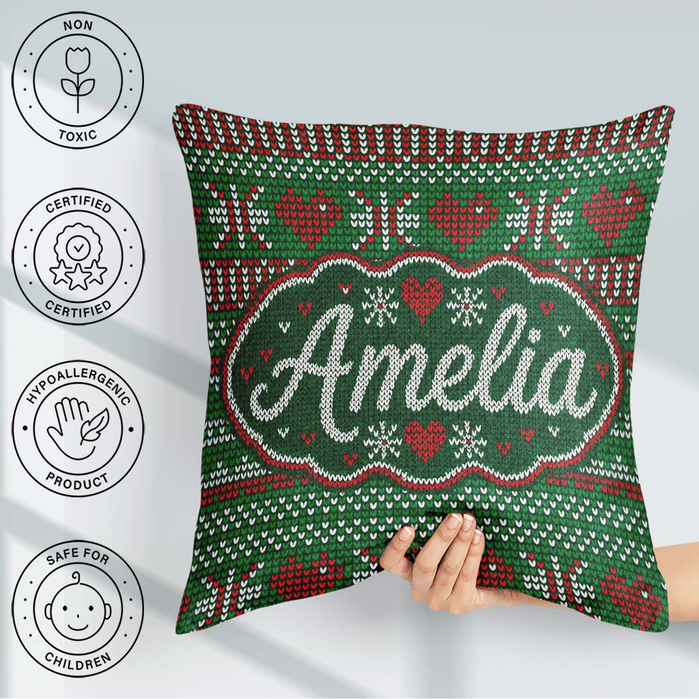 Custom Name Christmas Heart Stripe Knit Seamless Pattern Lovely Square Filled Cushion Throw Pillow Sofa Bed Home Decor Zip Washable UK Made