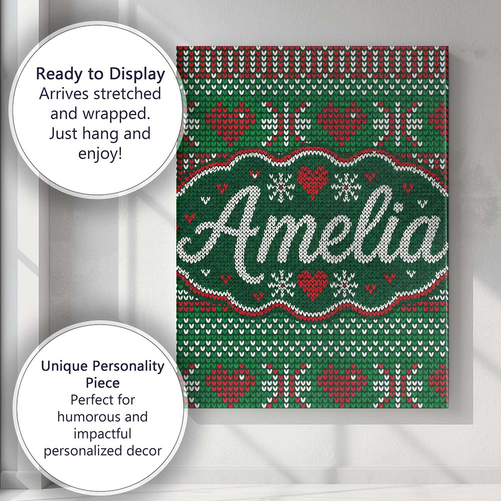 Personalised Name Christmas Heart Stripe Custom  Unique Gift Idea Elegant Feature Canvas Wall Art Print Decor Picture Ready to Hang
