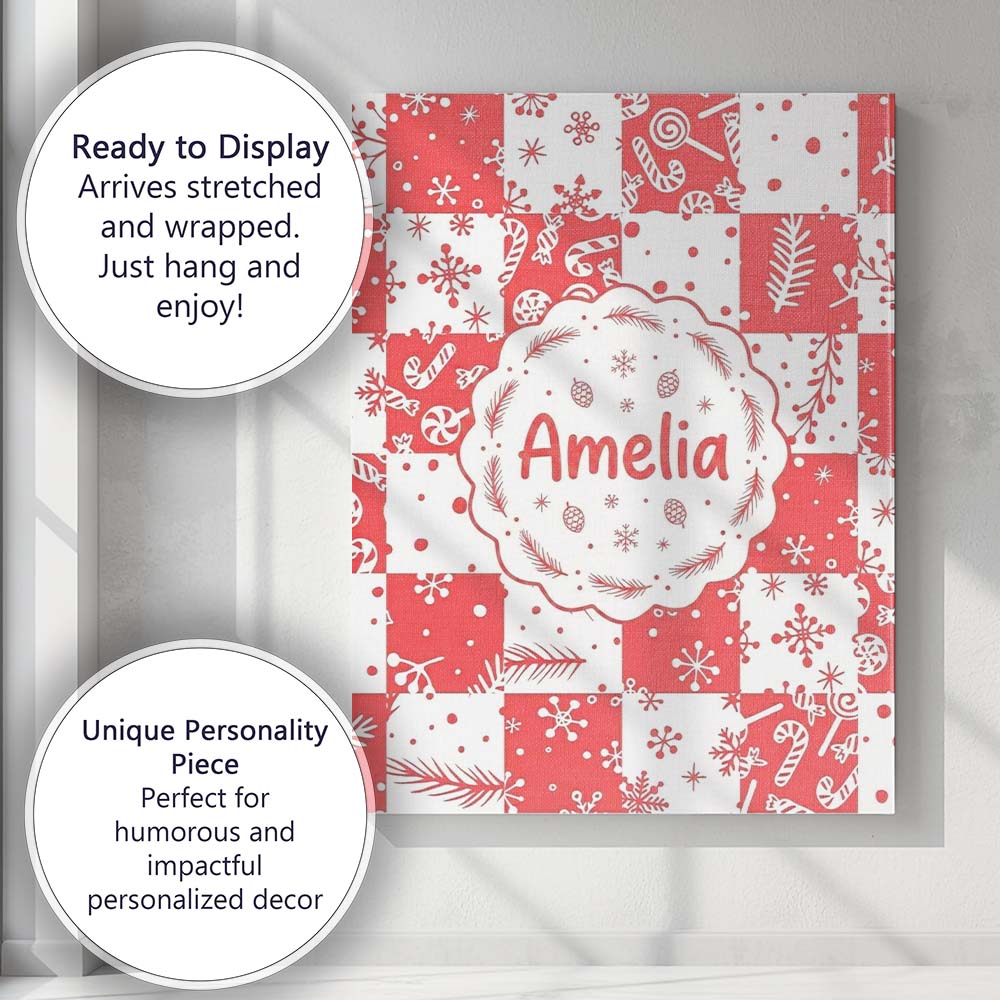 Personalised Name Festive Candy Cane Custom Premium Decorative Design Modern Room Accent Canvas Wall Art Print Decor Picture Ready to Hang