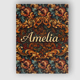 Personalised Name Teal Orange Baroque Floral Seamless Pattern Dark Custom  Unique Canvas Wall Art Print Decor Picture Ready to Hang