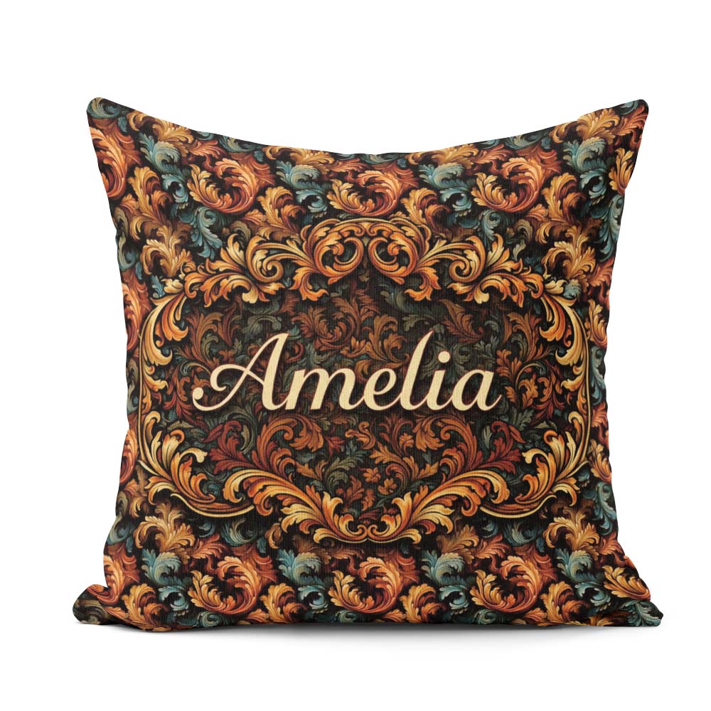 Custom Name Teal Orange Baroque Floral Seamless Pattern Artistic Square Filled Cushion Throw Pillow Sofa Bed Home Decor Zip Washable UK Made