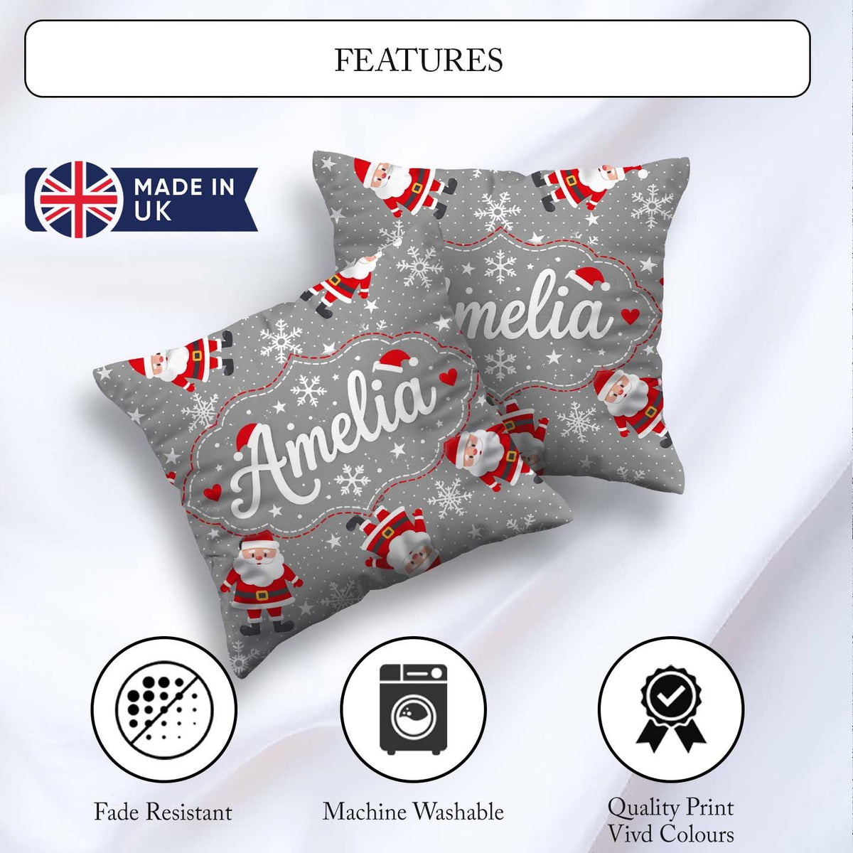 Custom Name Cute Santa Claus Snowflake Winter Seamless Pattern Square Filled Cushion Throw Pillow Sofa Bed Home Decor Zip Washable UK Made