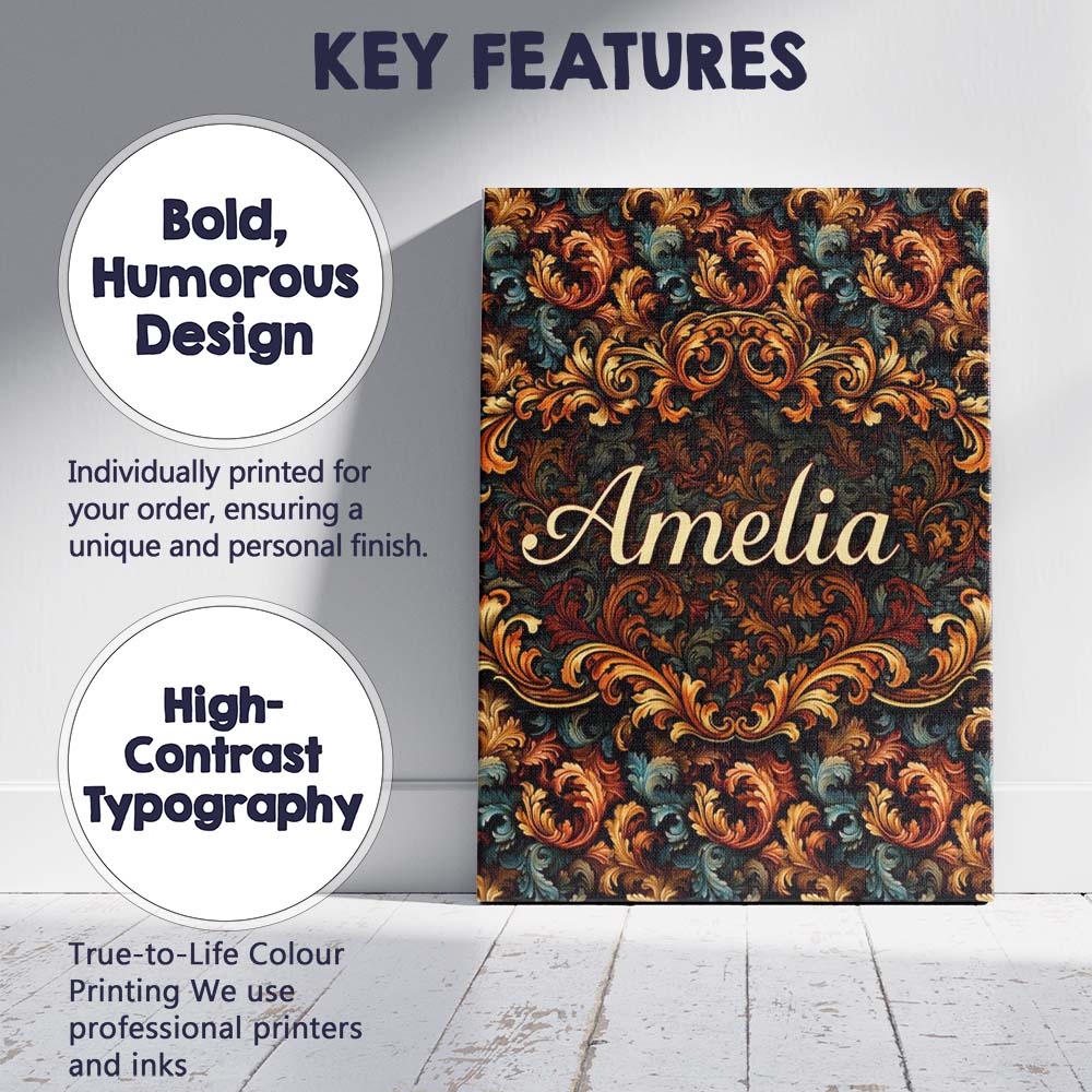Personalised Name Teal Orange Baroque Floral Seamless Pattern Dark Custom  Unique Canvas Wall Art Print Decor Picture Ready to Hang