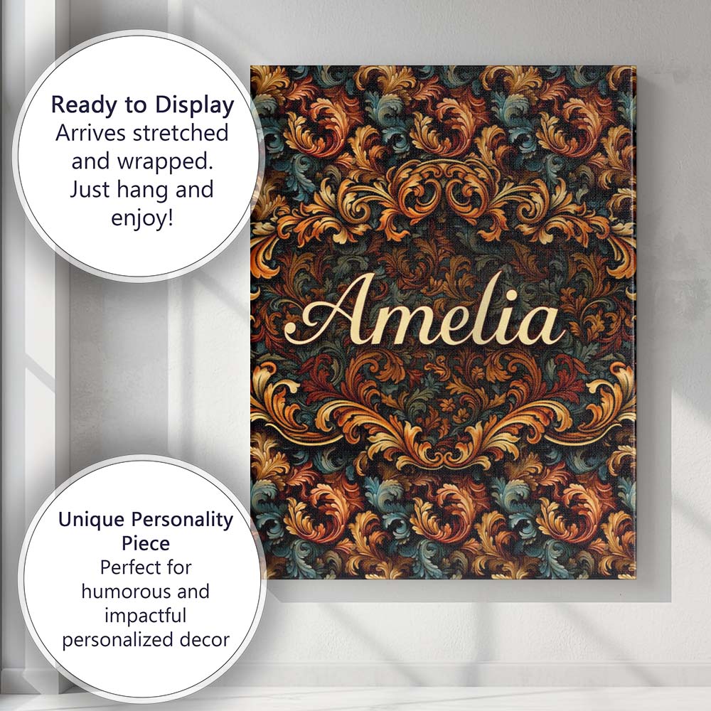 Personalised Name Teal Orange Baroque Floral Seamless Pattern Dark Custom  Unique Canvas Wall Art Print Decor Picture Ready to Hang