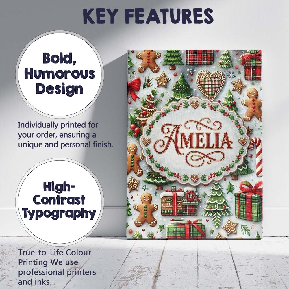 Personalised Name Christmas Gingerbread Custom  Modern Room Accent Elegant Feature Canvas Wall Art Print Decor Picture Ready to Hang