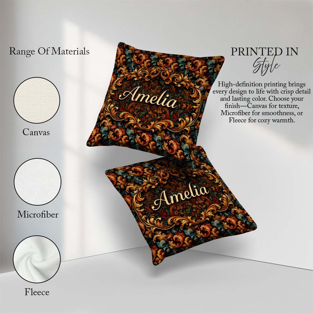Custom Name Teal Orange Baroque Floral Seamless Pattern Artistic Square Filled Cushion Throw Pillow Sofa Bed Home Decor Zip Washable UK Made