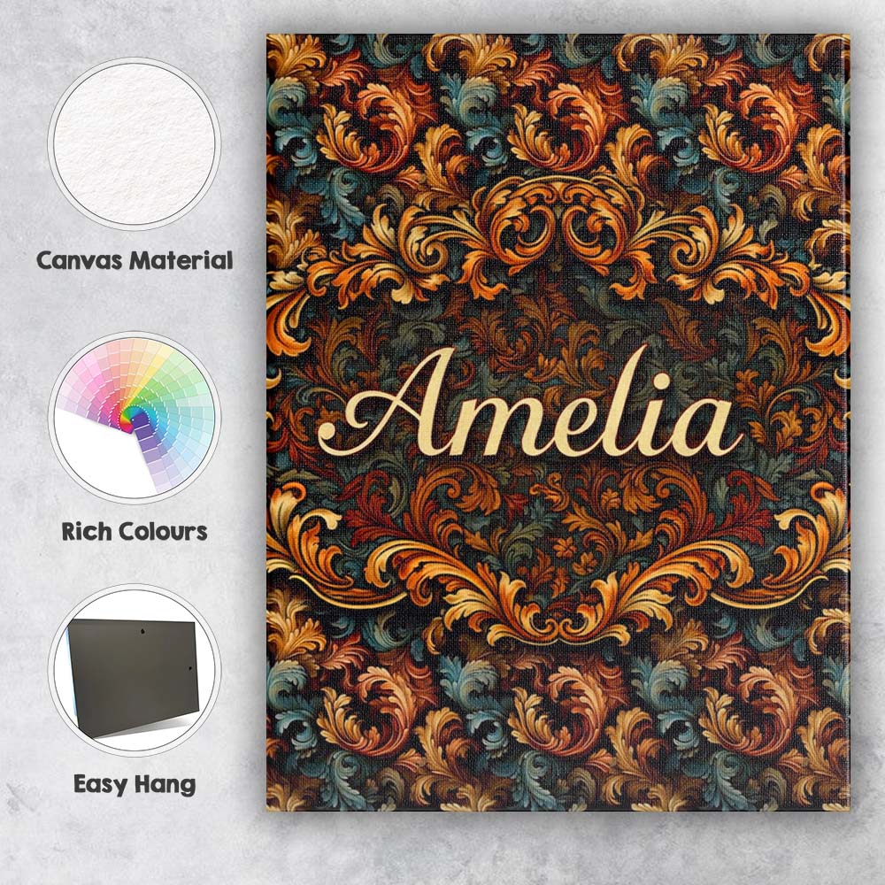 Personalised Name Teal Orange Baroque Floral Seamless Pattern Dark Custom  Unique Canvas Wall Art Print Decor Picture Ready to Hang
