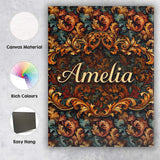 Personalised Name Teal Orange Baroque Floral Seamless Pattern Dark Custom  Unique Canvas Wall Art Print Decor Picture Ready to Hang