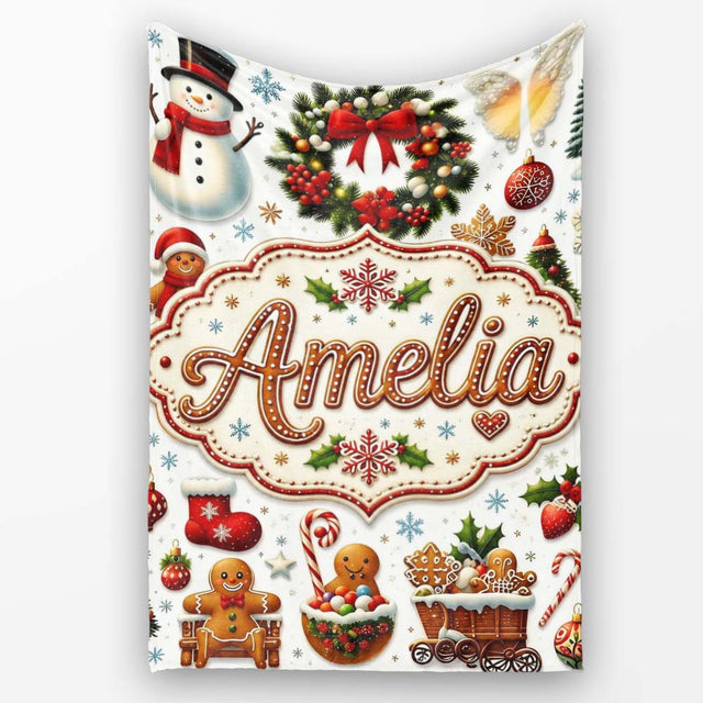 Vintage Christmas Snowman Wreath Gingerbread Tree Seamless Pattern  Personalised Custom Name Super Soft Fleece Blanket Bed Sofa Throw