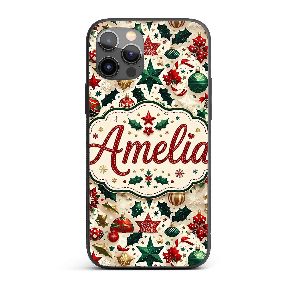 Festive Christmas Star Ornaments Holly Leaves Custom Name Protective Phone Case Mobile Cover Durable Everyday Smartphone Shock Resistant