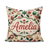 Custom Name Festive Christmas Star Holly Leaves Seamless Pattern Square Filled Cushion Throw Pillow Sofa Bed Home Decor Zip Washable UK Made