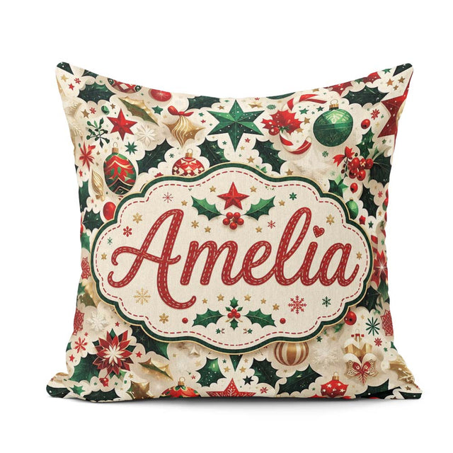 Custom Name Festive Christmas Star Holly Leaves Seamless Pattern Square Filled Cushion Throw Pillow Sofa Bed Home Decor Zip Washable UK Made
