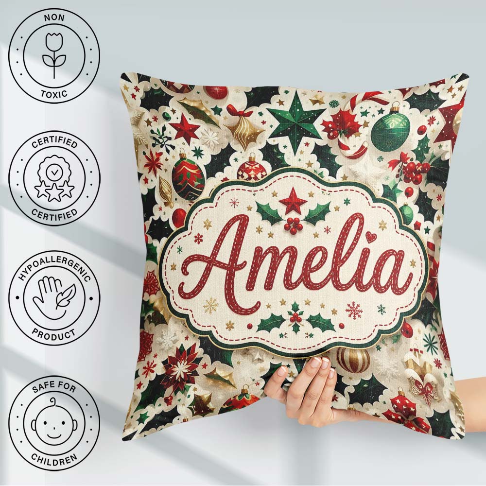 Custom Name Festive Christmas Star Holly Leaves Seamless Pattern Square Filled Cushion Throw Pillow Sofa Bed Home Decor Zip Washable UK Made