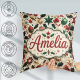 Custom Name Festive Christmas Star Holly Leaves Seamless Pattern Square Filled Cushion Throw Pillow Sofa Bed Home Decor Zip Washable UK Made