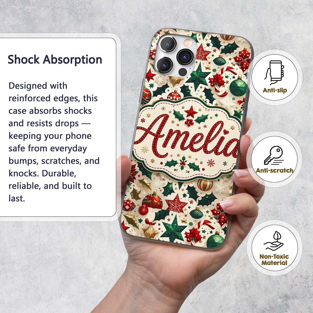 Festive Christmas Star Ornaments Holly Leaves Custom Name Protective Phone Case Mobile Cover Durable Everyday Smartphone Shock Resistant