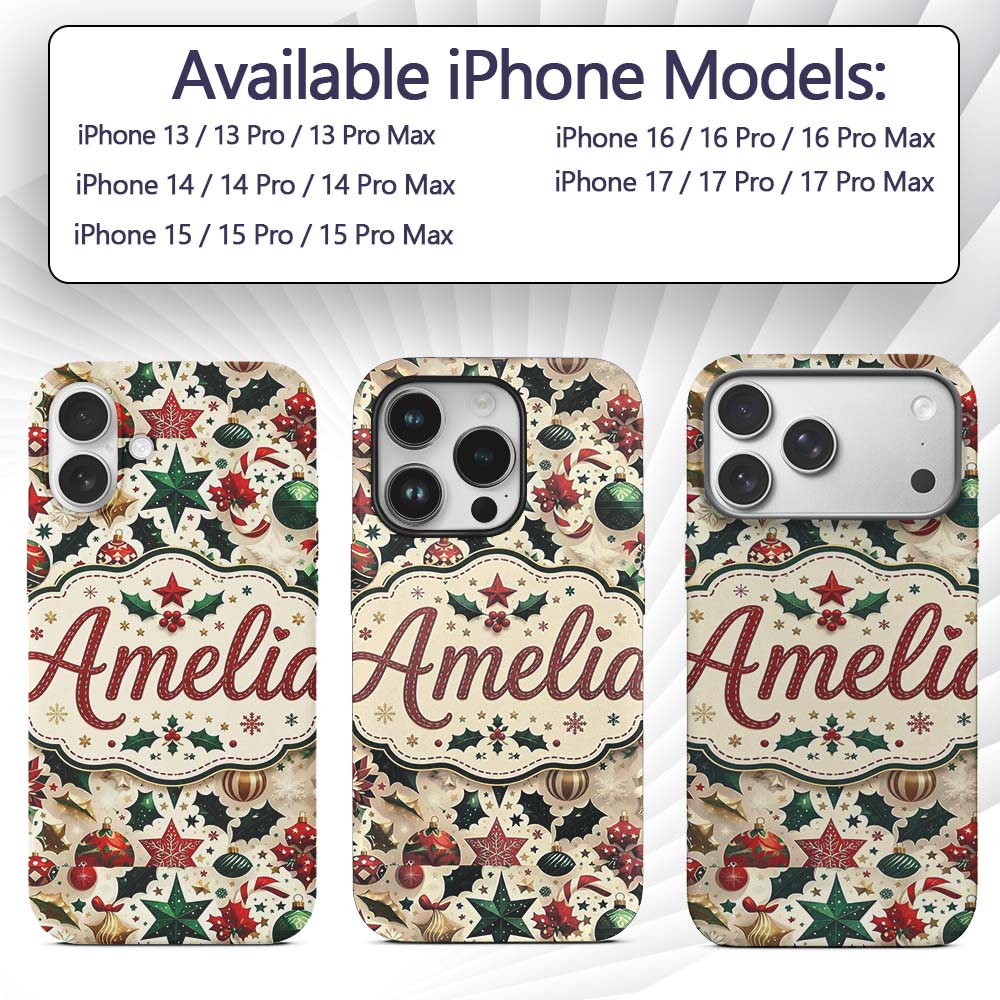 Festive Christmas Star Ornaments Holly Leaves Custom Name Protective Phone Case Mobile Cover Durable Everyday Smartphone Shock Resistant