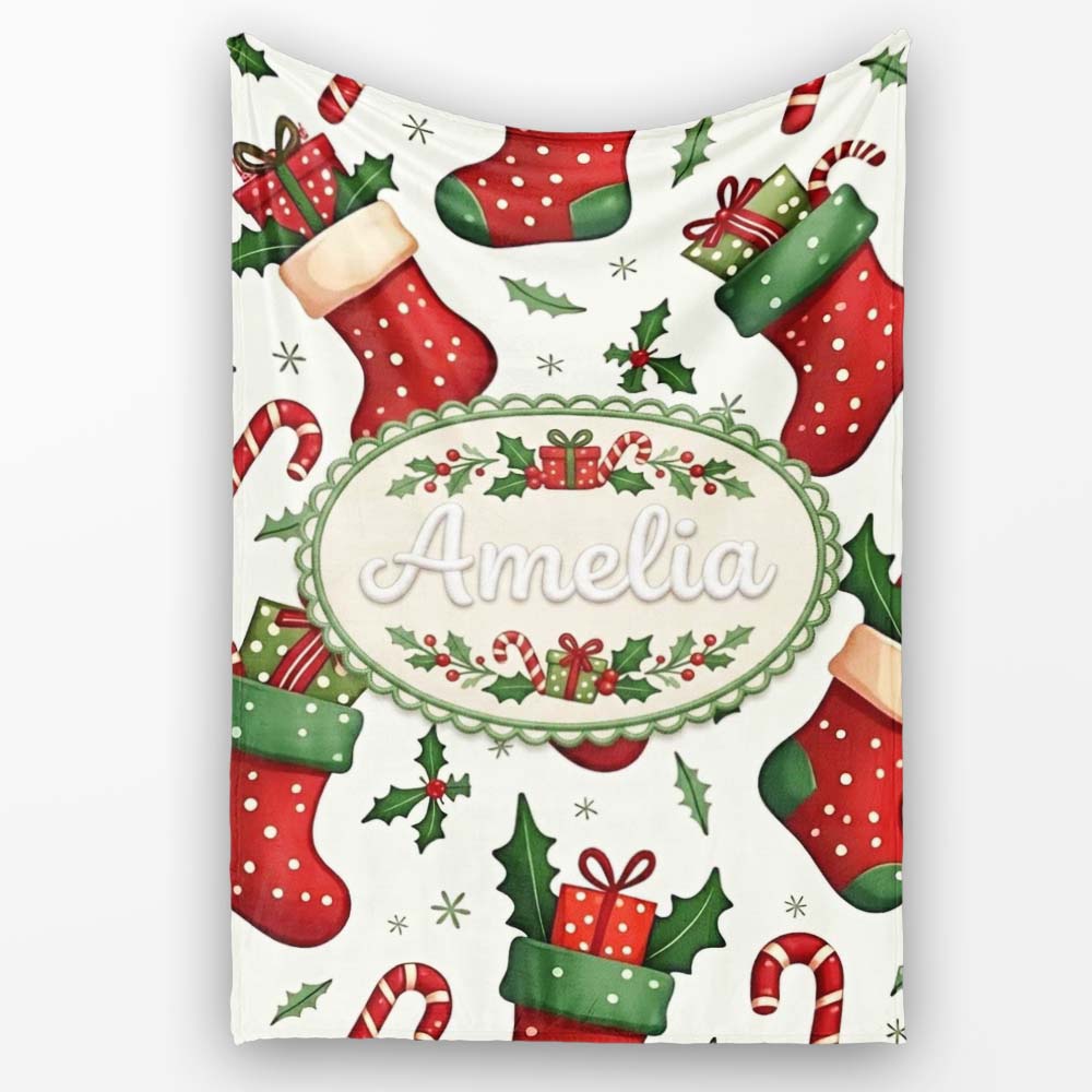 Cute Christmas Stocking Gifts Candy Cane Holly Seamless Pattern  Personalised Custom Name Super Soft Fleece Blanket Bed Sofa Throw