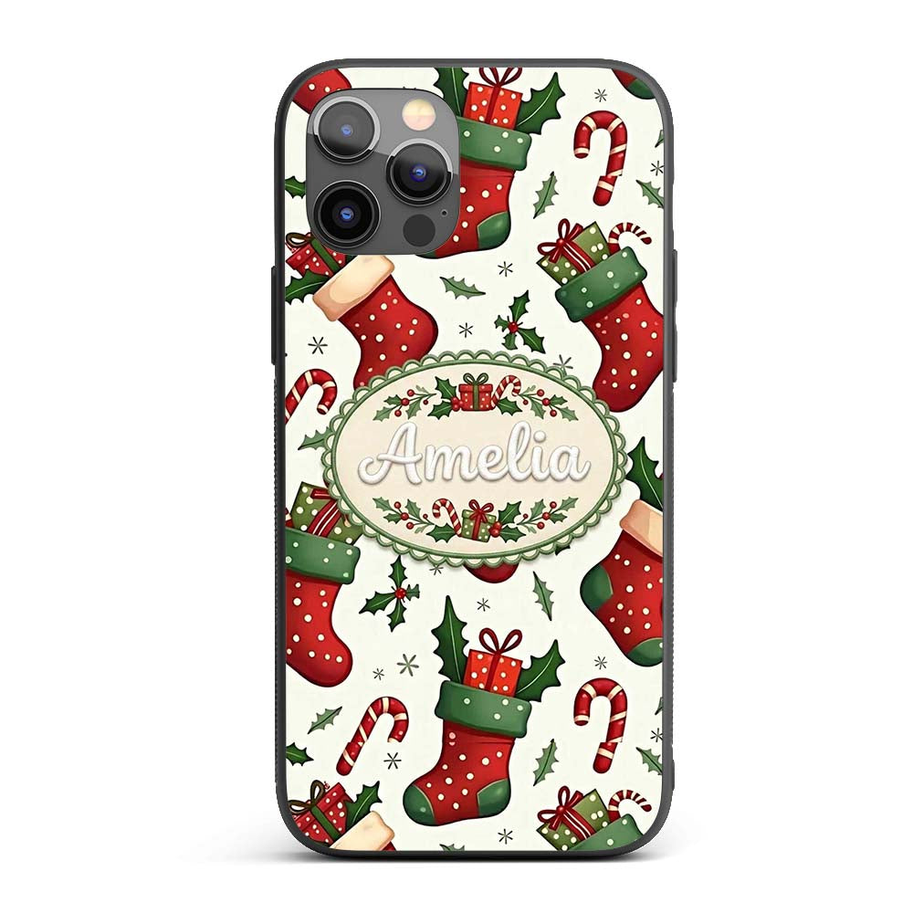 Cute Christmas Stocking Gifts Candy Cane Holly Custom Name Protective Phone Case Mobile Cover Durable Everyday Smartphone Shock Resistant