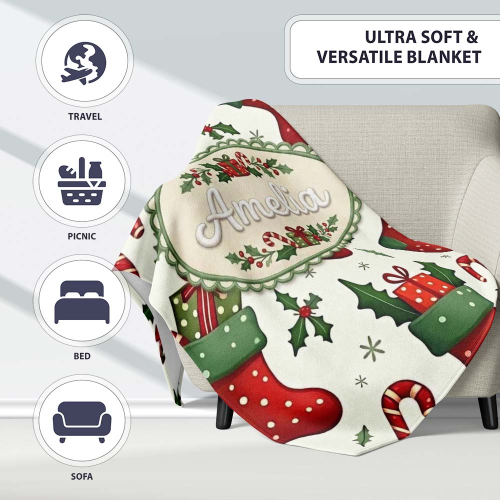 Cute Christmas Stocking Gifts Candy Cane Holly Seamless Pattern  Personalised Custom Name Super Soft Fleece Blanket Bed Sofa Throw