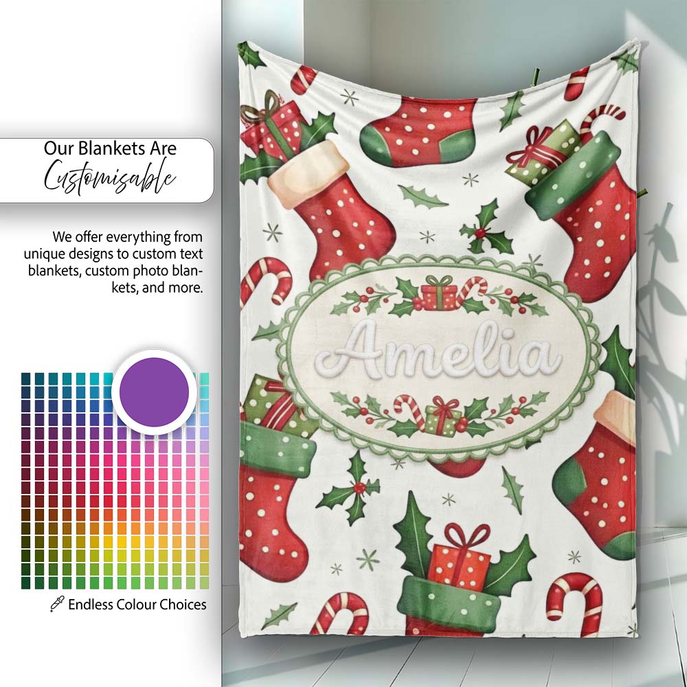 Cute Christmas Stocking Gifts Candy Cane Holly Seamless Pattern  Personalised Custom Name Super Soft Fleece Blanket Bed Sofa Throw