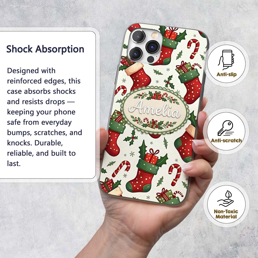 Cute Christmas Stocking Gifts Candy Cane Holly Custom Name Protective Phone Case Mobile Cover Durable Everyday Smartphone Shock Resistant