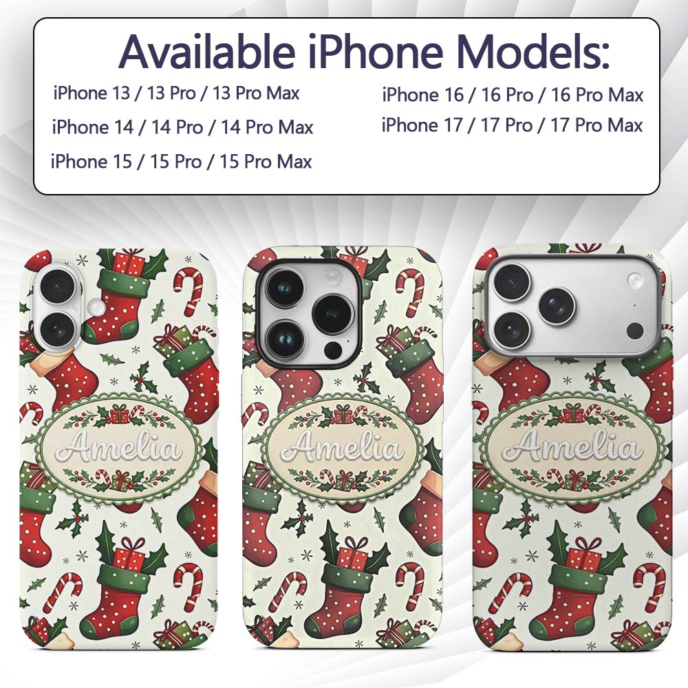 Cute Christmas Stocking Gifts Candy Cane Holly Custom Name Protective Phone Case Mobile Cover Durable Everyday Smartphone Shock Resistant
