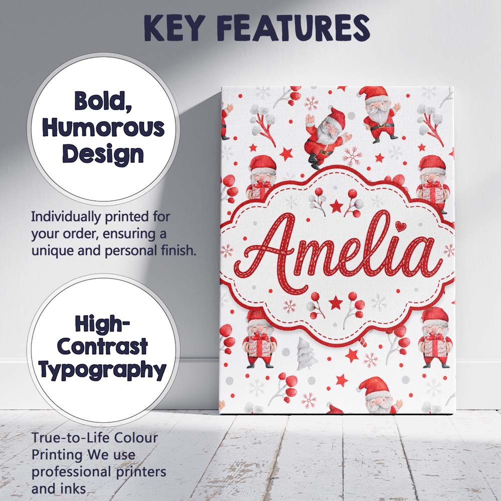 Personalised Name Cute Santa Claus Watercolor Custom Unique Gift Idea Modern Room Accent Canvas Wall Art Print Decor Picture Ready to Hang
