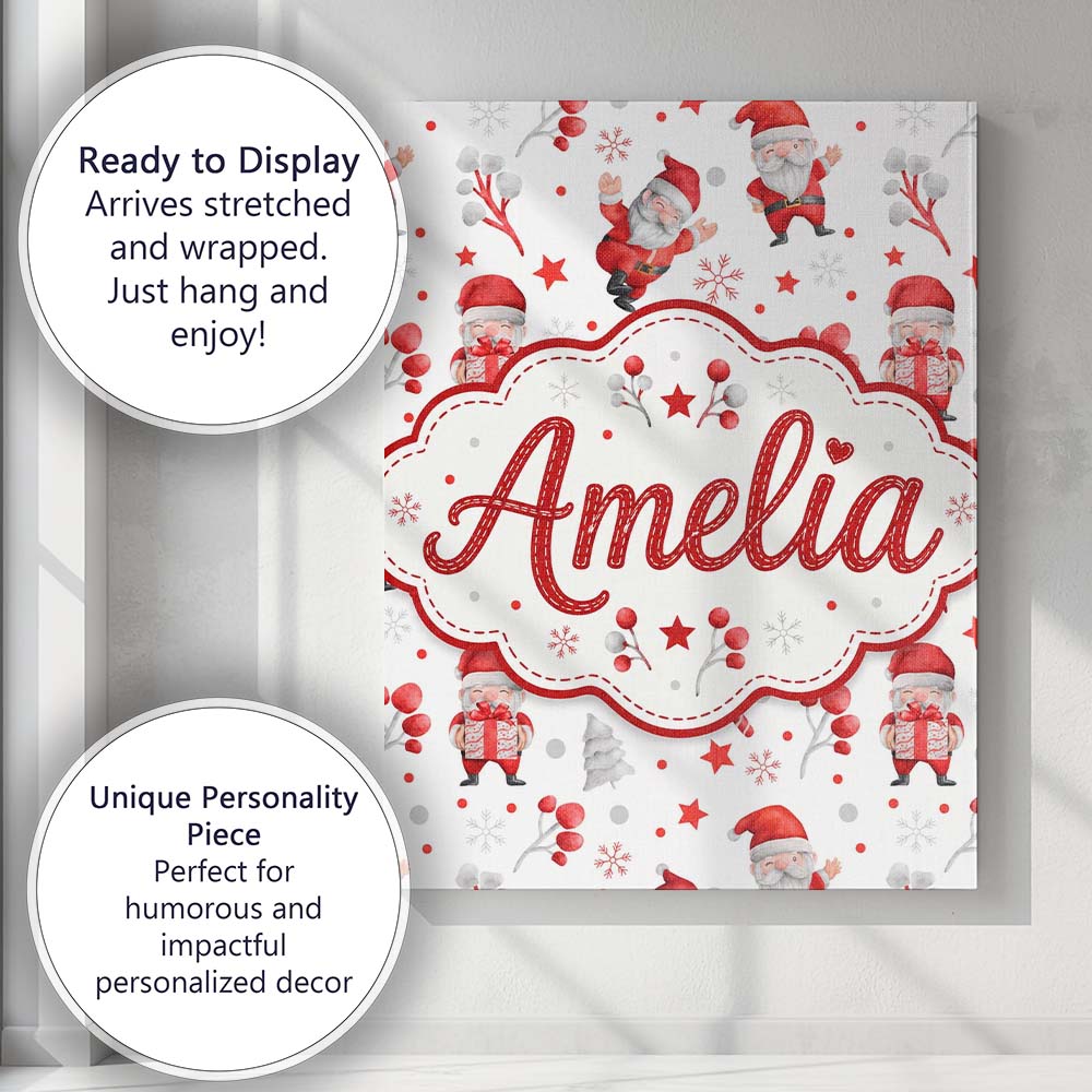 Personalised Name Cute Santa Claus Watercolor Custom Unique Gift Idea Modern Room Accent Canvas Wall Art Print Decor Picture Ready to Hang