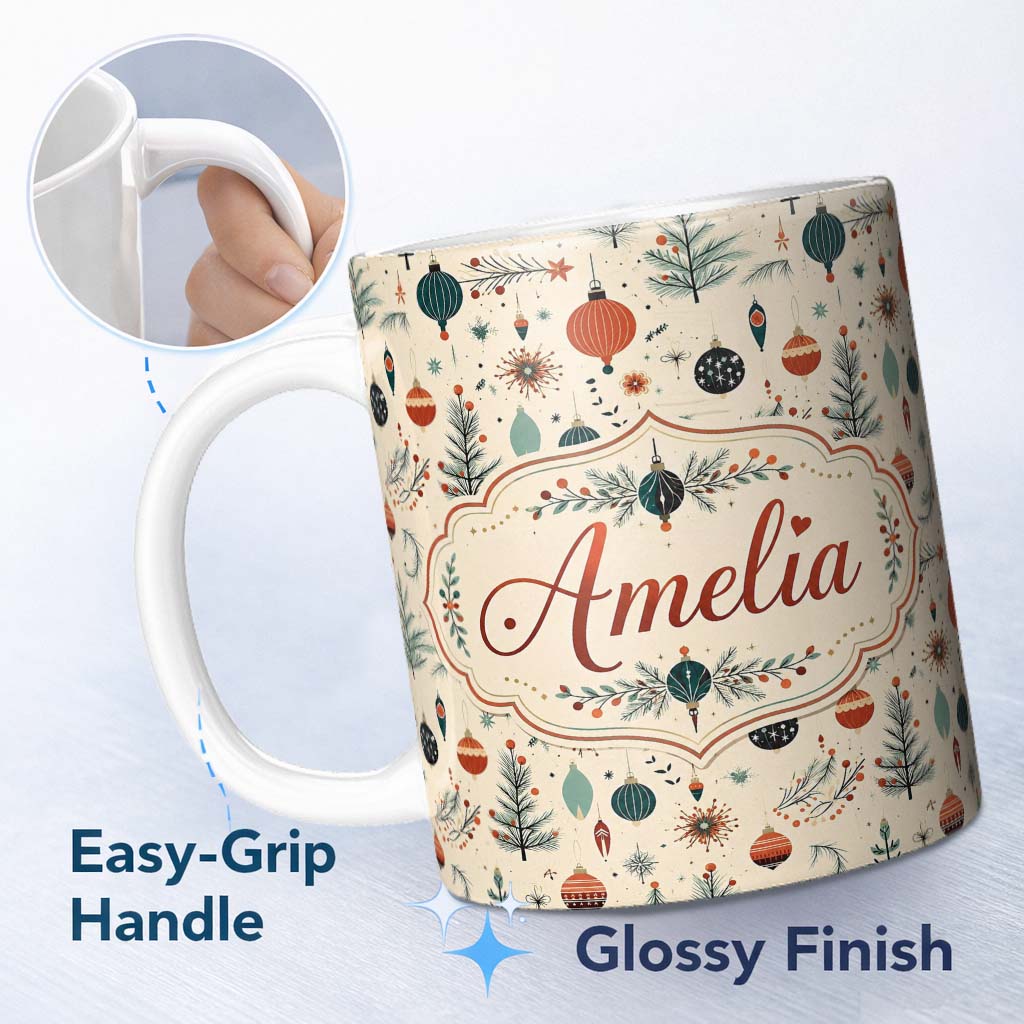 Personalized Custom Name Christmas Ornaments Trees Stars Mid Century Seamless Pattern Lovely 11oz Ceramic Coffee Tea Mug White Large Handle