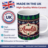 Personalized Custom Name Cute Knitted Reindeer Snowflake Nordic Winter Seamless Pattern 11oz Ceramic Coffee Tea Mug White Large Handle