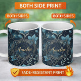 Personalized Custom Name Crystal Moon Starry Sky Botanical Elements Seamless Pattern Lovely 11oz Ceramic Coffee Tea Mug White Large Handle