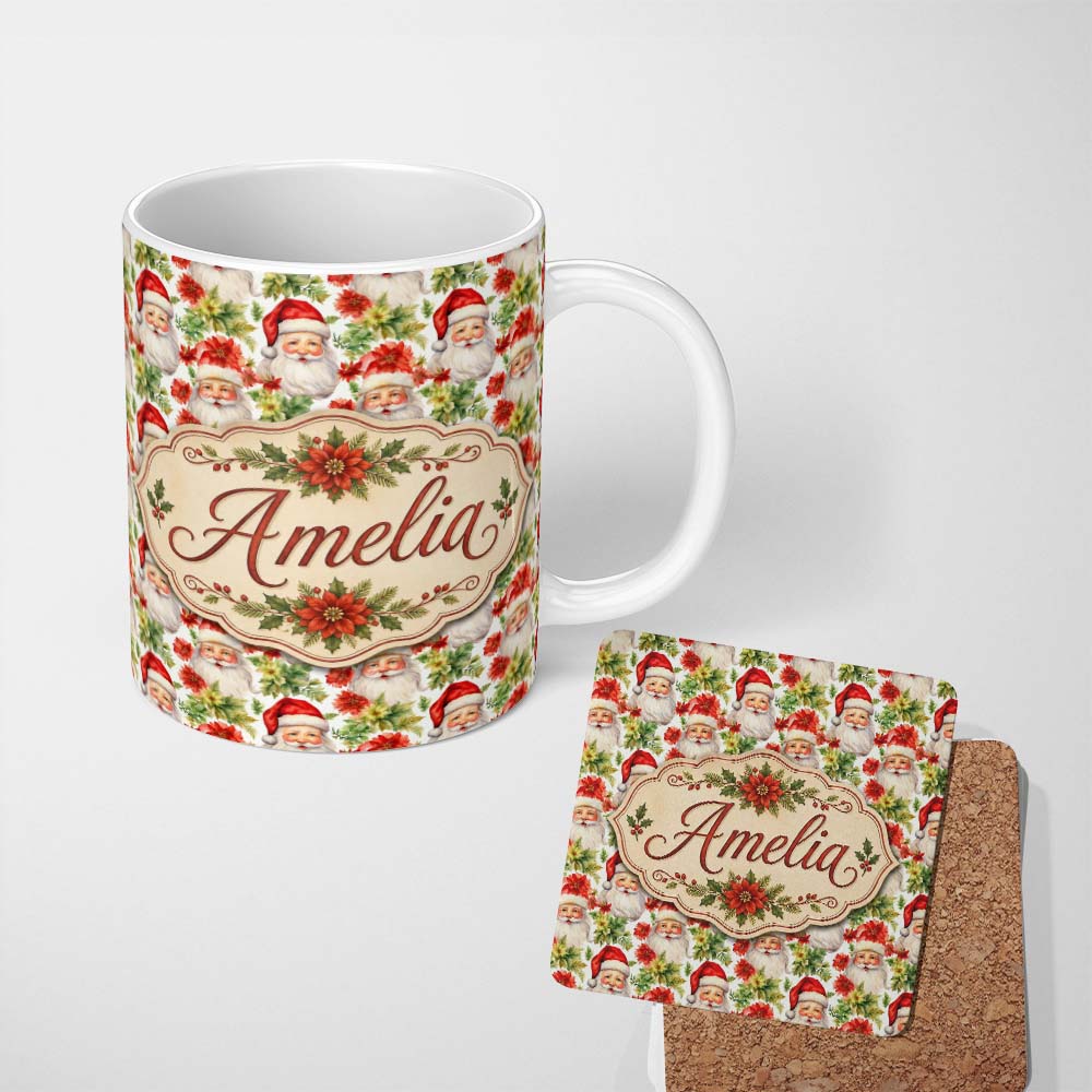 Personalized Custom Name Watercolor Santa Faces Poinsettia Flowers Christmas Soft Festive 11oz Ceramic Coffee Tea Mug White Large Handle