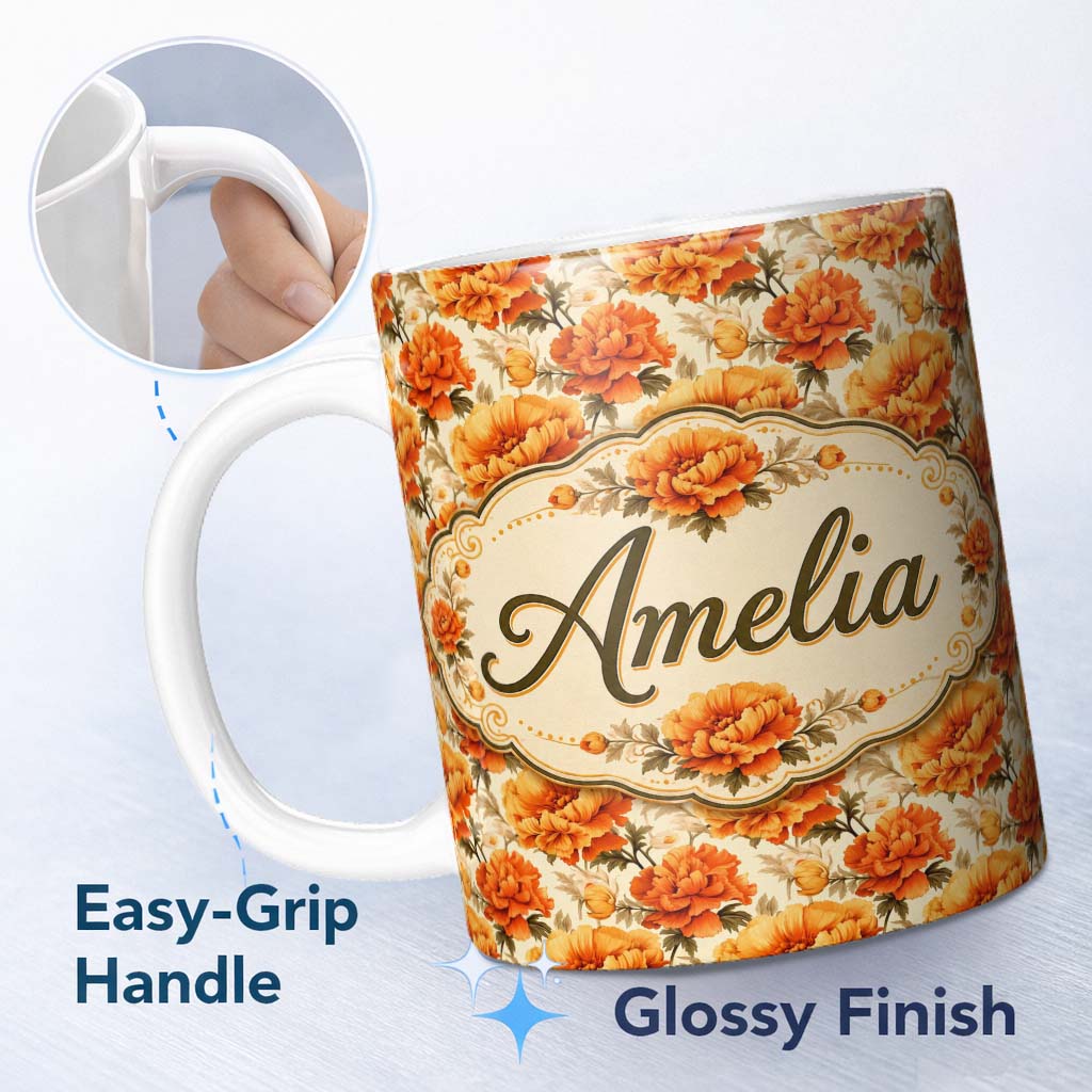 Personalized Custom Name Vibrant Orange Blossom Floral Pattern with Layered Petals and Warm 11oz Ceramic Coffee Tea Mug White Large Handle