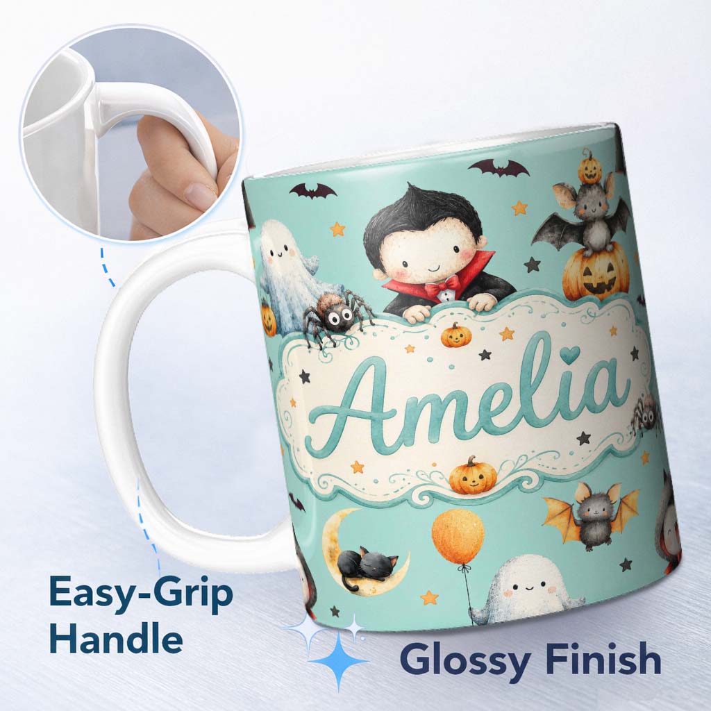 Personalized Custom Name Cute Halloween Dracula Ghost Bats on Mint Green Background Seamless 11oz Ceramic Coffee Tea Mug White Large Handle