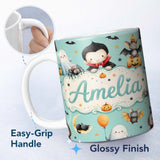 Personalized Custom Name Cute Halloween Dracula Ghost Bats on Mint Green Background Seamless 11oz Ceramic Coffee Tea Mug White Large Handle
