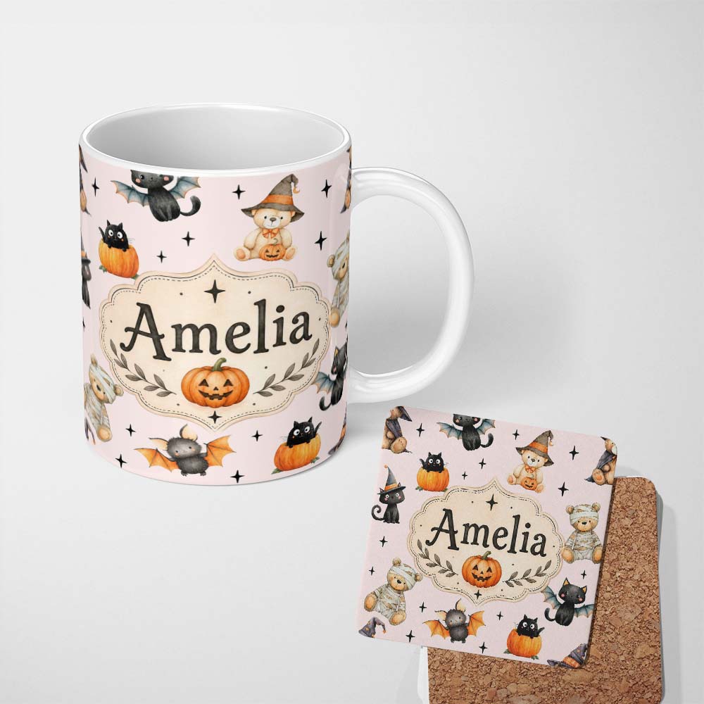Personalized Custom Name Cute Halloween Teddy Bears Mummy Witch Cat Pumpkin Stars Pink Lovely 11oz Ceramic Coffee Tea Mug White Large Handle