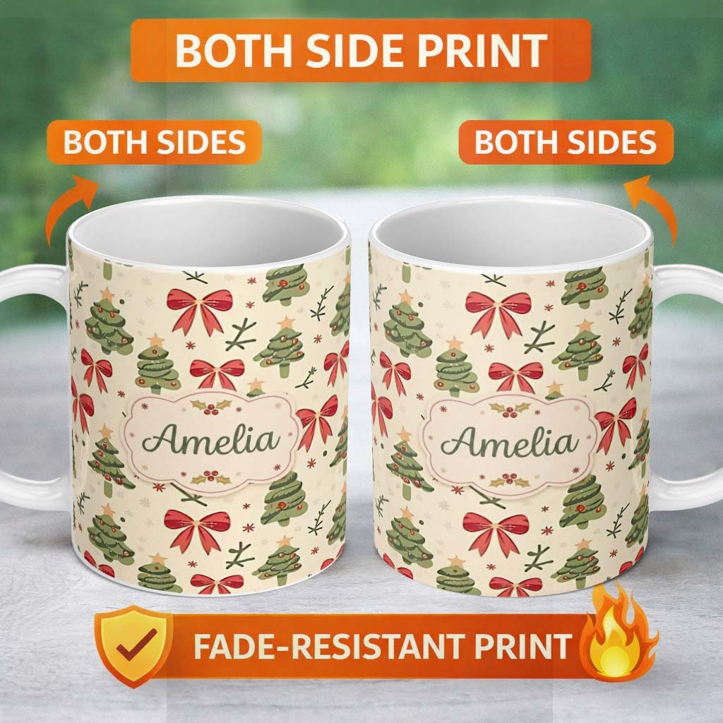 Personalized Custom Name Watercolor Christmas Trees with Red Bows and Winter Elements Lovely 11oz Ceramic Coffee Tea Mug White Large Handle
