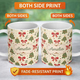 Personalized Custom Name Watercolor Christmas Trees with Red Bows and Winter Elements Lovely 11oz Ceramic Coffee Tea Mug White Large Handle