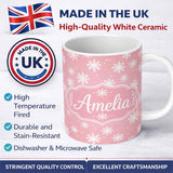 Personalized Custom Name Soft Pastel Pink Snowflakes Winter Seamless Pattern Cute Unique Gift 11oz Ceramic Coffee Tea Mug White Large Handle
