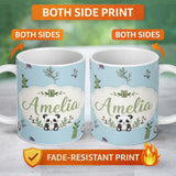 Personalized Custom Name Cute Panda Bamboo and Floral Minimal Seamless Pattern on Blue Lovely 11oz Ceramic Coffee Tea Mug White Large Handle
