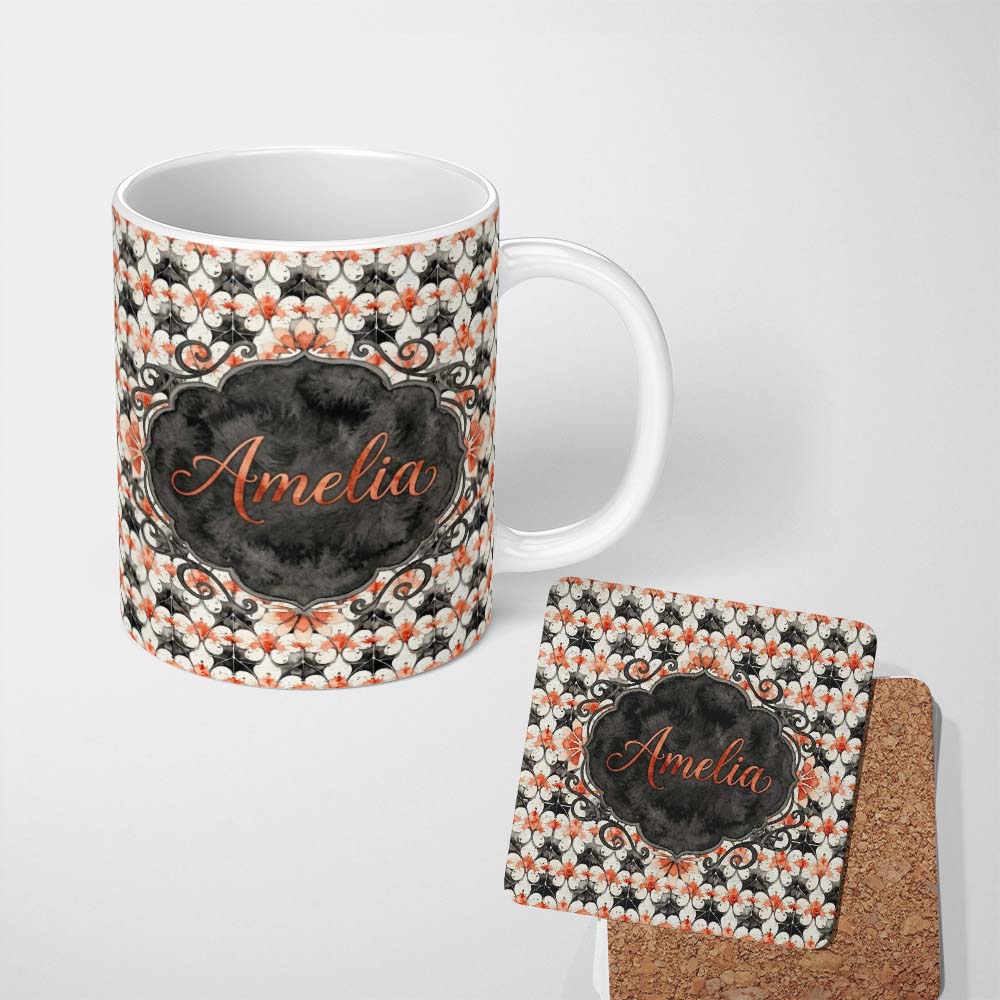 Personalized Custom Name Ornate Floral Tile Pattern with Red Accents Seamless Pattern Lovely 11oz Ceramic Coffee Tea Mug White Large Handle
