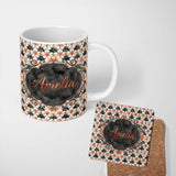 Personalized Custom Name Ornate Floral Tile Pattern with Red Accents Seamless Pattern Lovely 11oz Ceramic Coffee Tea Mug White Large Handle