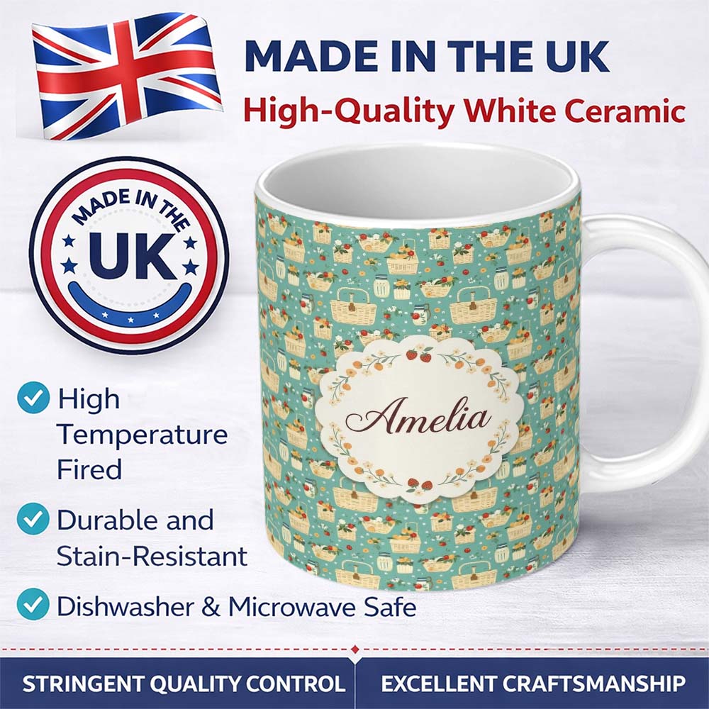Personalized Custom Name Fresh Picnic Baskets with Flowers and Jars Seamless Pattern Lovely 11oz Ceramic Coffee Tea Mug White Large Handle