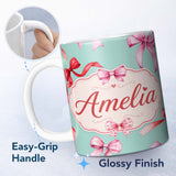Personalized Custom Name Watercolor Red Pink Ribbon Bows Mint Green Background Cute Girly 11oz Ceramic Coffee Tea Mug White Large Handle