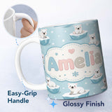 Personalized Custom Name Cute Polar Bear Cubs Floating Ice Winter Snowflakes Seamless Pattern 11oz Ceramic Coffee Tea Mug White Large Handle